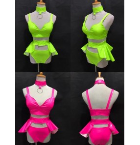 Women neon green yellow green leather jazz dance costumes dj ds night club bar stage performance shiny outfits for female